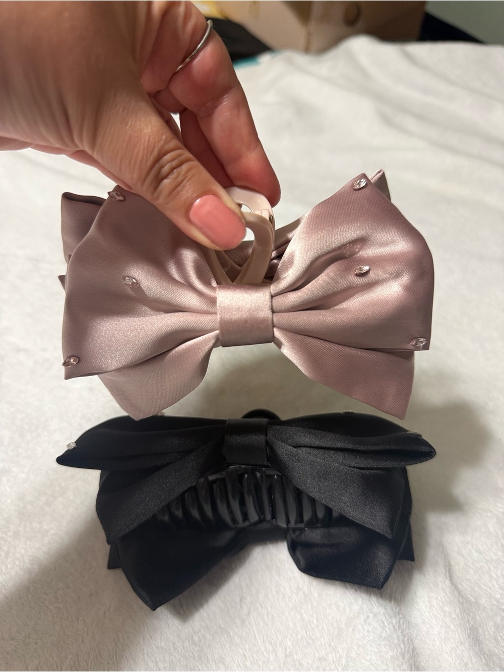 Satin Bow Hair Clip Pink and Black